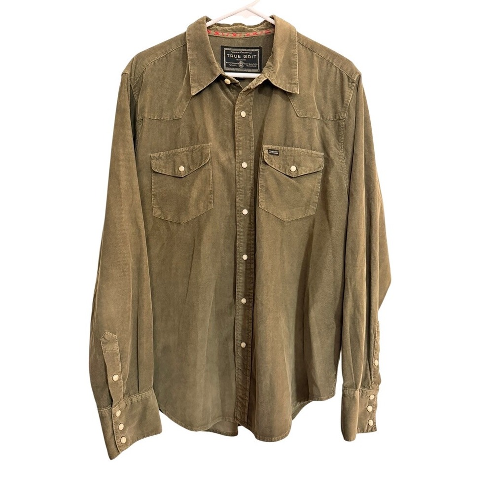 True Grit Mens Corduroy Western Shirt L OliveGreen Pearl Snap Cotton Ranch Rodeo